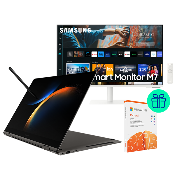 Pack Portátil 16" Samsung Galaxy Book3 Pro 360 Graphite + Smart Monitor Samsung M7 White 32" + Microsoft 365 Personal de regalo