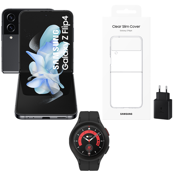 Pack Galaxy Z Flip4 256GB Graphite + Galaxy Watch5 Pro 45mm BT Black + Funda Clear Slim Cover Z Flip4 + Cargador de pared 45W