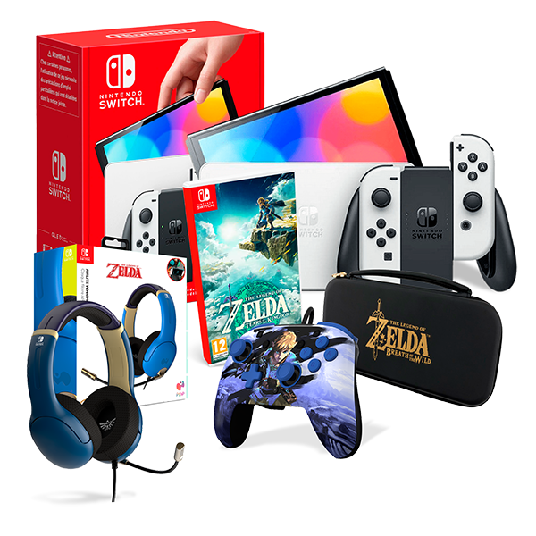Pack Nintendo Switch Oled blanca + The Legend of Zelda + Funda Deluxe Zelda + Comandament amb cable Zelda + auriculars amb cable Zelda