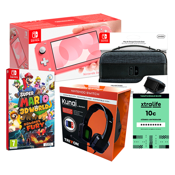 Pack Nintendo Switch Lite Coral + Super Mario 3D World + Bowsers Fury + Auriculars Kunai Switch + funda Play And Charge Case
