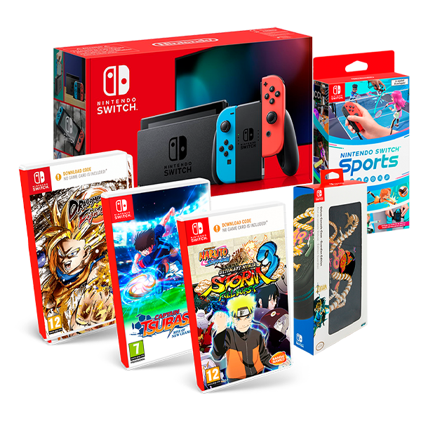 Pack Nintendo Switch Neon + Switch Sports + Dragon Ball FighterZ + Captain Tsubasa + Naruto Shippuden: Deluxe Zelda edition case