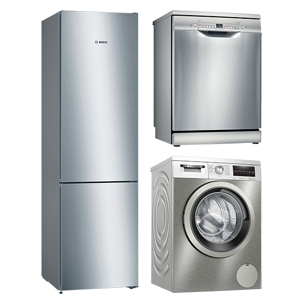 Inox Bosch appliance pack  (fridge freezer, dishwasher and washing machine)