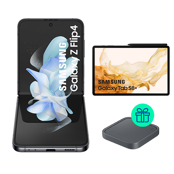 Pack Galaxy Z Flip4 256GB Graphite + Tab S8 Plus 128GB wifi GRAY + Wireless Charger Pad de regalo