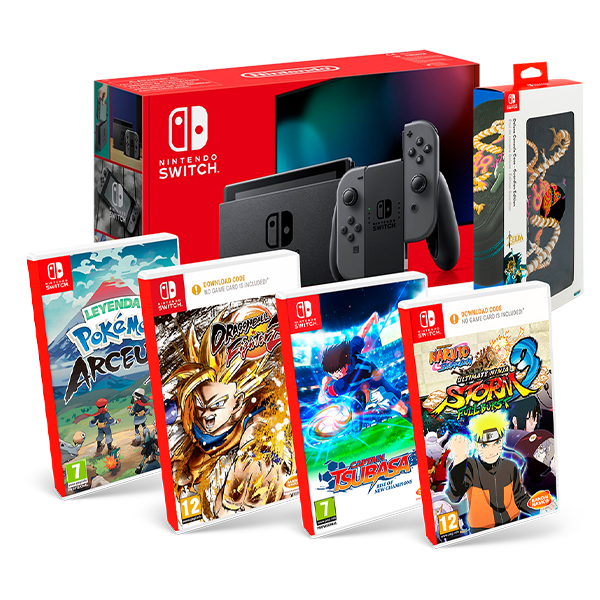 Pack Nintendo Switch Gris + Pokemon Legends Arceus + Dragon Ball FighterZ + Captain Tsubasa + Naruto Shippuden + Funda Deluxe Zelda