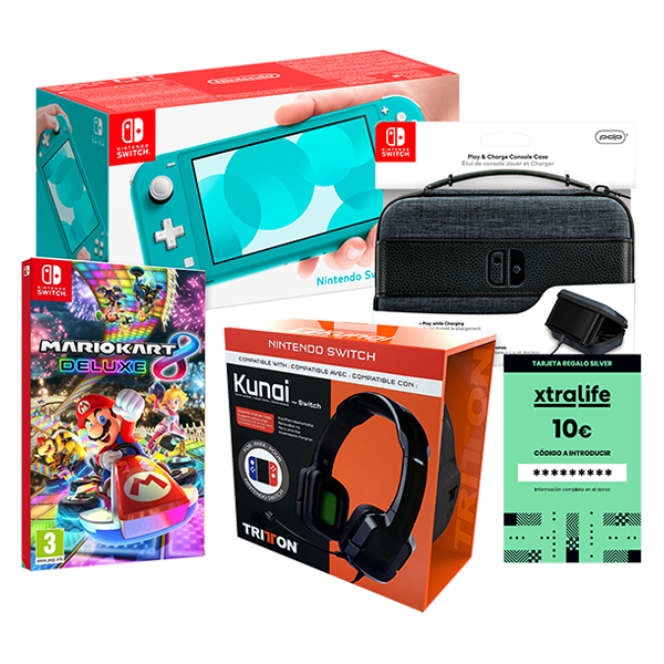 Pack Nintendo Switch Lite Azul Turquesa + Mario Kart 8 Deluxe + Auriculares Kunai Switch + Funda Play And Charge Case