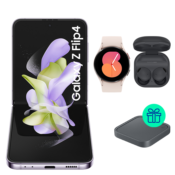 Pack Galaxy Z Flip4 256GB Bora Purple + Galaxy Watch 5 40mm BT Gold  +  Galaxy Buds2 Pro Gray + Wireless Charger Pad de regalo