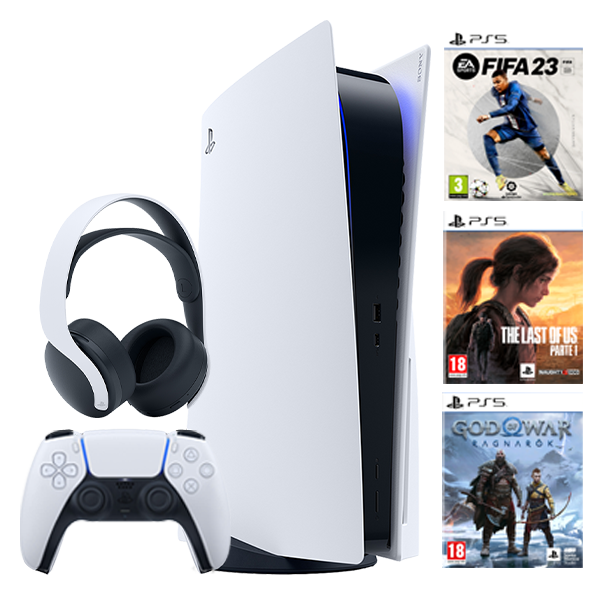 Pack PlayStation 5 + Auriculars Pulse 3D Blancs + The Last of us Part1 + God of War Ragnarök + Fifa 23