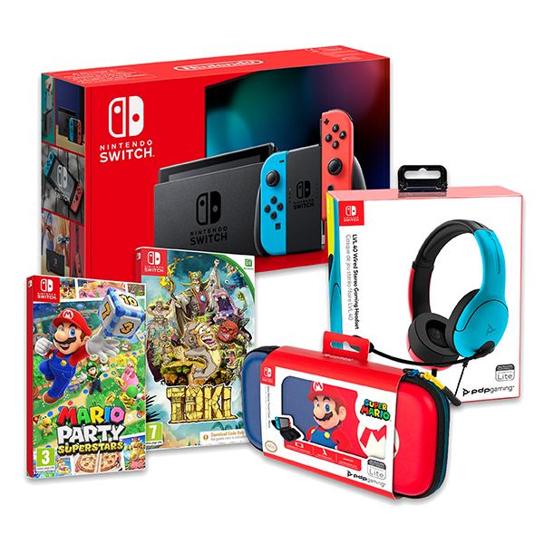 Pack Nintendo Switch Neon + Mario Party Superstar + Toki + Funda Deluxe Mario Edition + Auriculares LVL40 Wired Azul y Rojo
